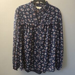 Boden Women's US Size 10 Floral Long Sleeve Anya Blouse Navy Blue Top